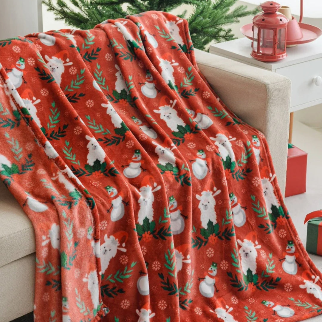 Ultra Soft Oversized Plush Holiday Throw Blanket - Red Santa Llama