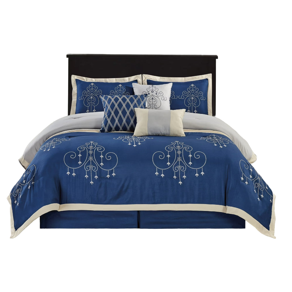 Kashi Home Queen Size Embroidered Comforter Set (7-Piece) - Blue