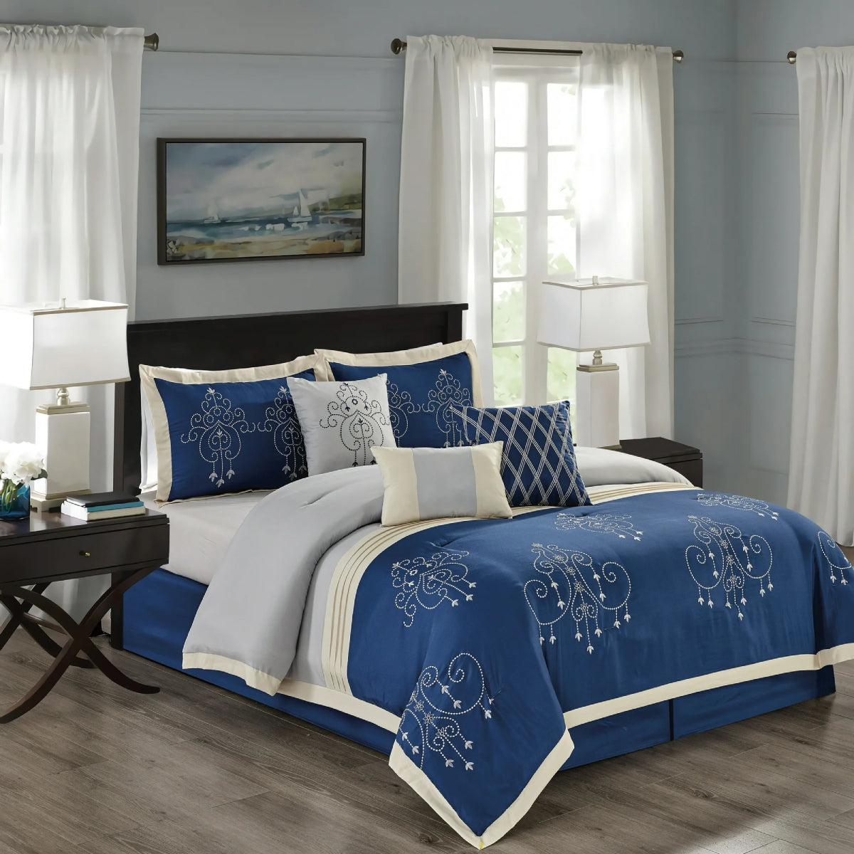 Kashi Home Queen Size Embroidered Comforter Set (7-Piece) - Blue