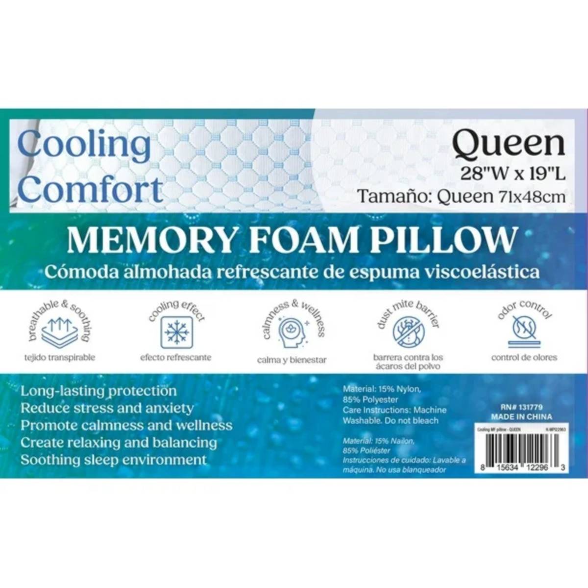 Kashi Home 28" x 19" Queen Memory Foam Cooling Comfort Pillow - White/Blue