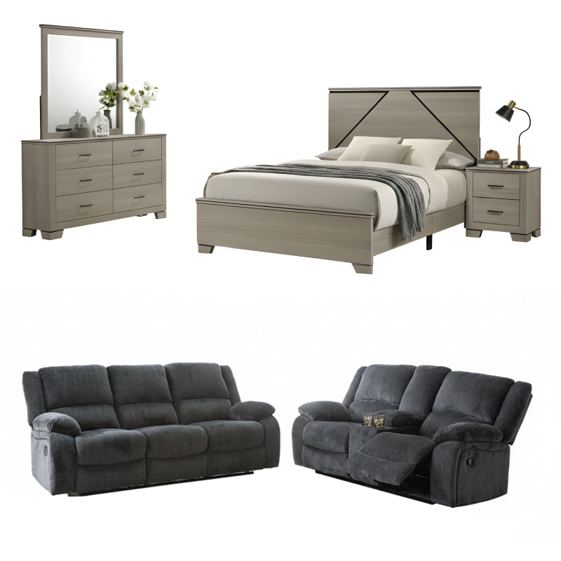 Bundle: Joanna Bedroom Set by Acme Furniture - Beige + Lawrence Motion Sofa and Love Seat by Best Home - Black