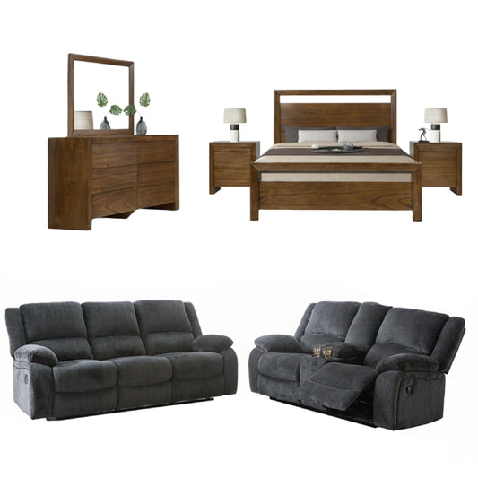 Bundle: Magic Queen Bedroom Set - Brown + Lawrence Motion Sofa and Love Seat by Best Home - Black