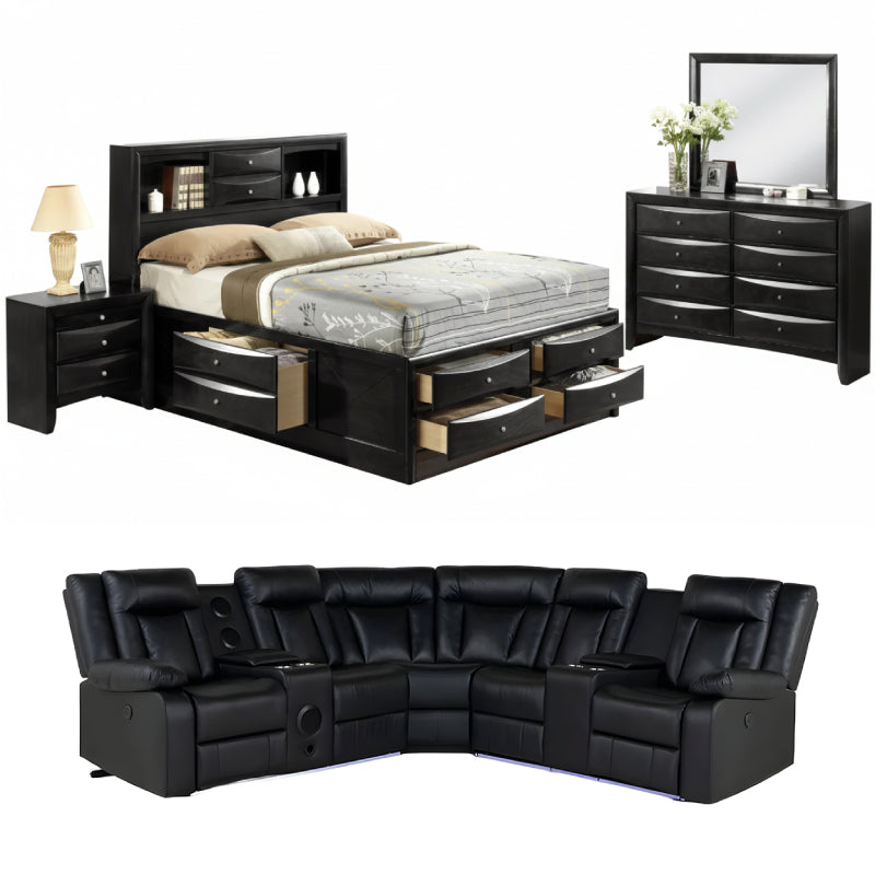 Bundle: Emila Queen Bedroom Set + Kelley Sectional Sofa with LED by Best Home - Black