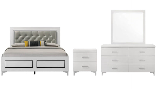 Casilda Queen Bed, Dresser, Mirror, Nightstand  4-Piece Set with LED Lights - White