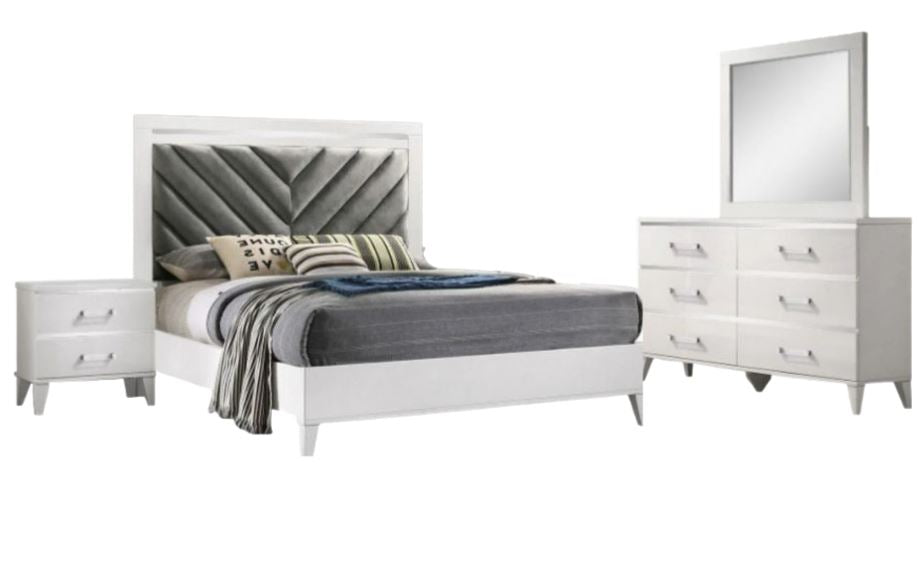 Juego de dormitorio de 4 piezas con cama tamaño queen, tocador, espejo y mesita de noche de Best Home, color blanco