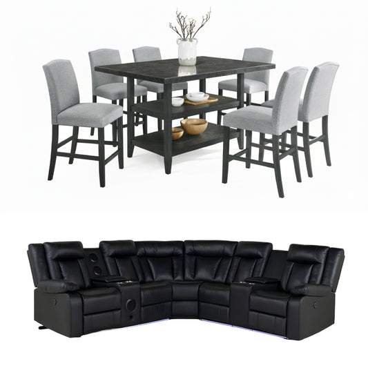 Bundle: Lola Counter Dining Table Set Blue/Gray + Kelley Sectional Sofa with LED by Best Home - Black