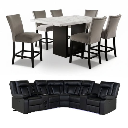 Bundle: Falcon Pub Dinning Set - Gray/Brown + Kelley Sectional Sofa by Best Home - Black