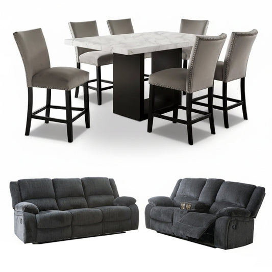 Bundle: Pub Set Falcon Dining Table Set - Gray + Lawrence Motion Sofa and Love Seat by Best Home - Blue