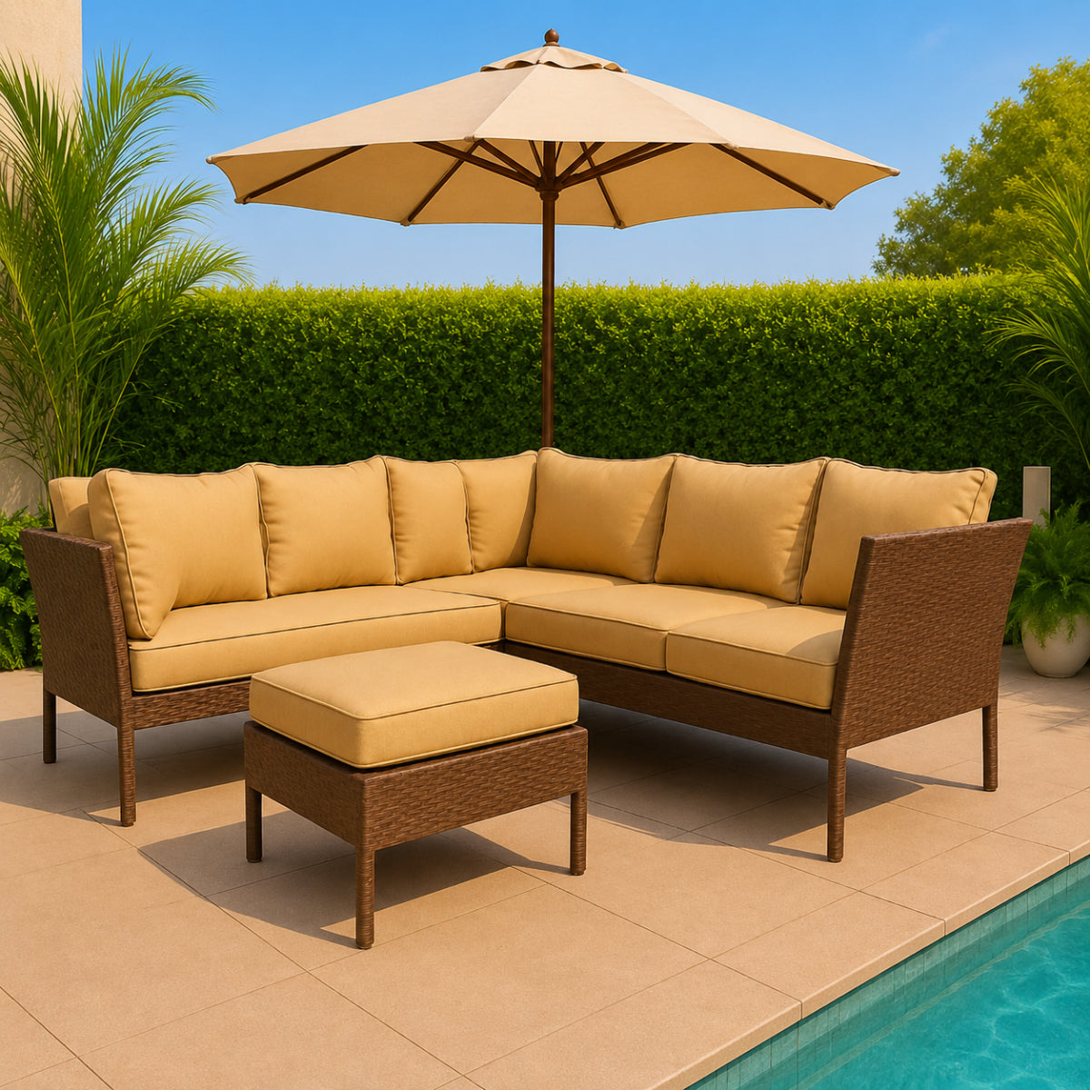 Bundle: Fiji (4-Piece) Patio Sectional Sofa Set by Best Home - Brown + Alpine Cuisine Charcoal BBQ Grill with Wheels - Red + Igloo Profile II 30 quarts Cooler - Red