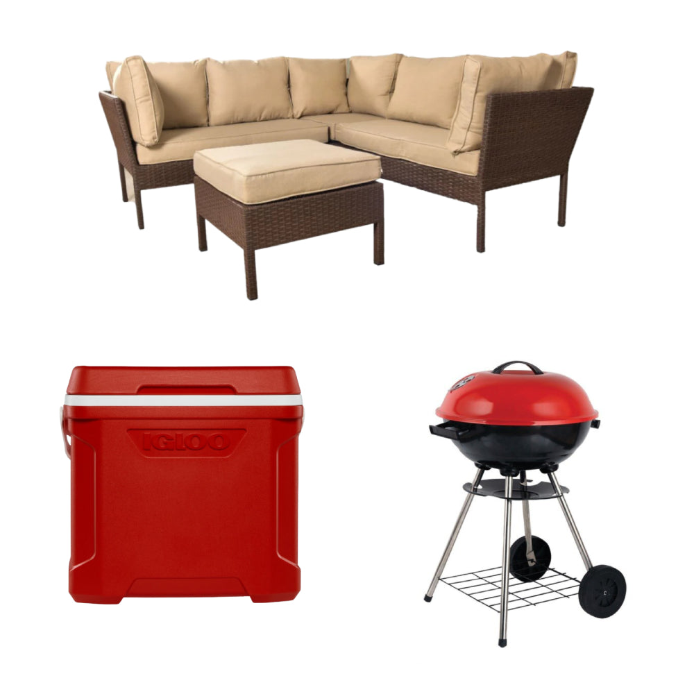 Bundle: Fiji (4-Piece) Patio Sectional Sofa Set by Best Home - Brown + Alpine Cuisine Charcoal BBQ Grill with Wheels - Red + Igloo Profile II 30 quarts Cooler - Red