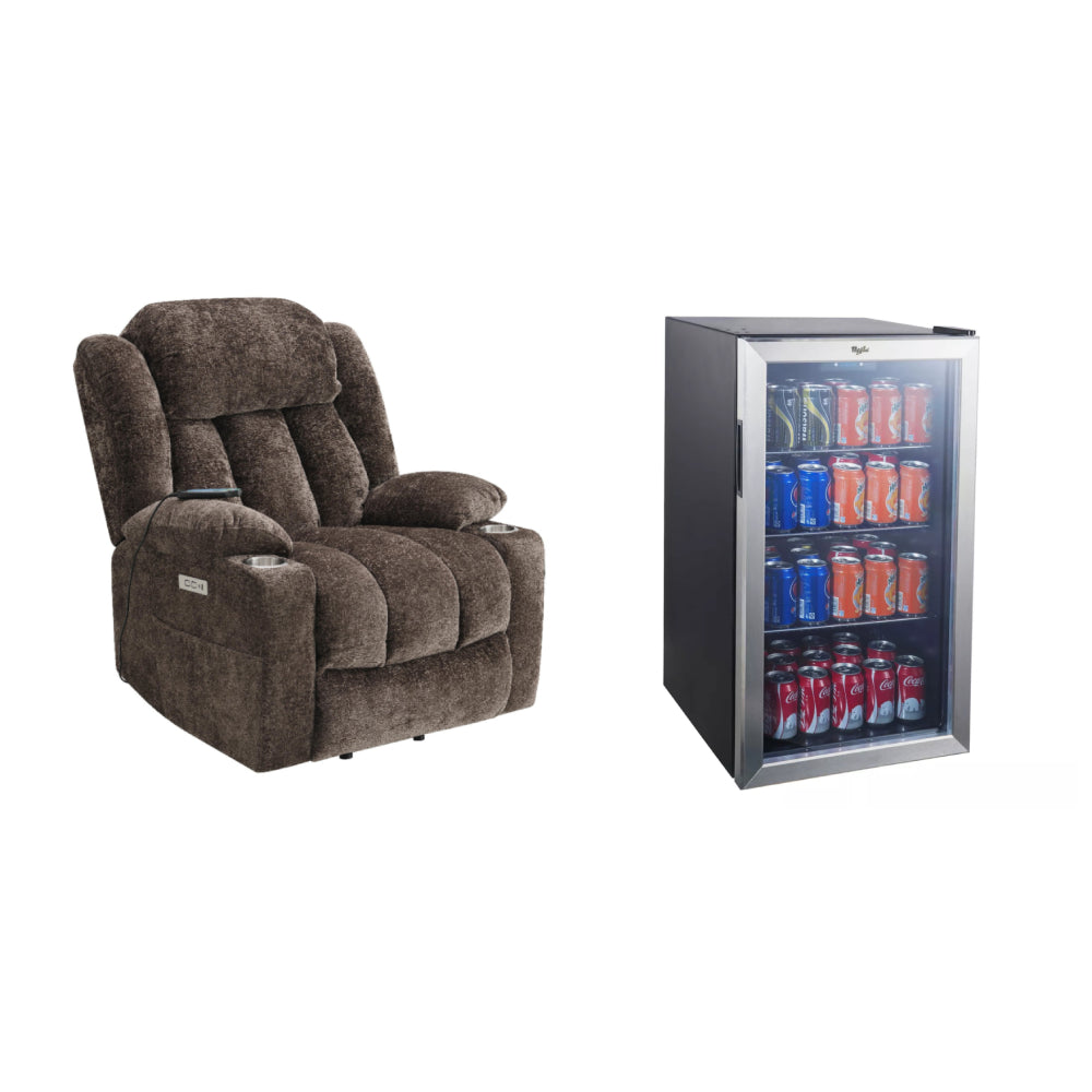 Bundle: Orion Power Recliner by Acme Furniture - Brown + Whirlpool 3.6 cu. ft. Mini Refrigerator Beverage Center - Black/Silver