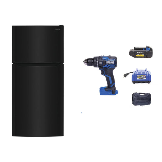 Bundle: Frigidaire 18 cu. ft. Garage Ready Top Freezer Refrigerator - Black + Kobalt XTR 24V Cordless Drill - Black/Blue