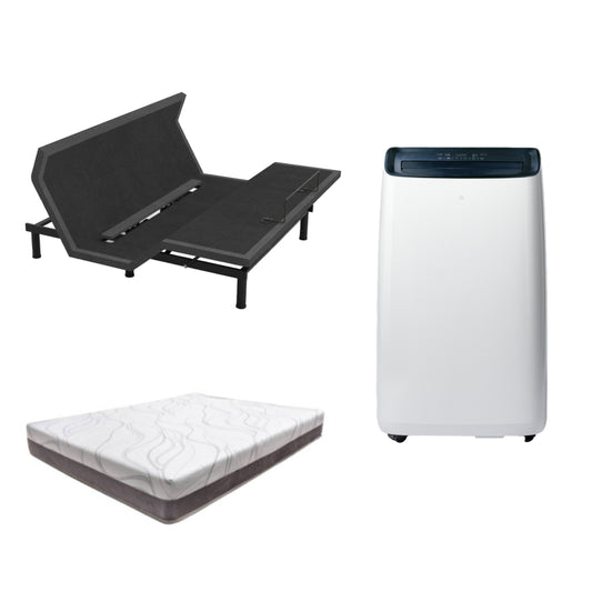 Bundle: Aquarius 400 Massage Plus Queen Size Adjustable Base by Logic Data- Black + SilverRest Luna Waterfall Mattress - White/Gray + Toscana 10,000 BTU Portable Heater & Air Conditioner - White