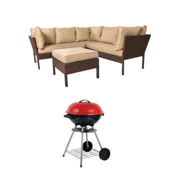 Bundle: Fiji (4-Piece) Patio Sectional Sofa Set by Best Home - Brown + Alpine Cuisine Charcoal BBQ Grill with Wheels - Red