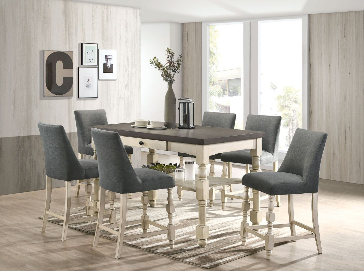 Plymouth Counter Height Table with 6 Chairs by Furniture of America - Ivory/Dark Gray