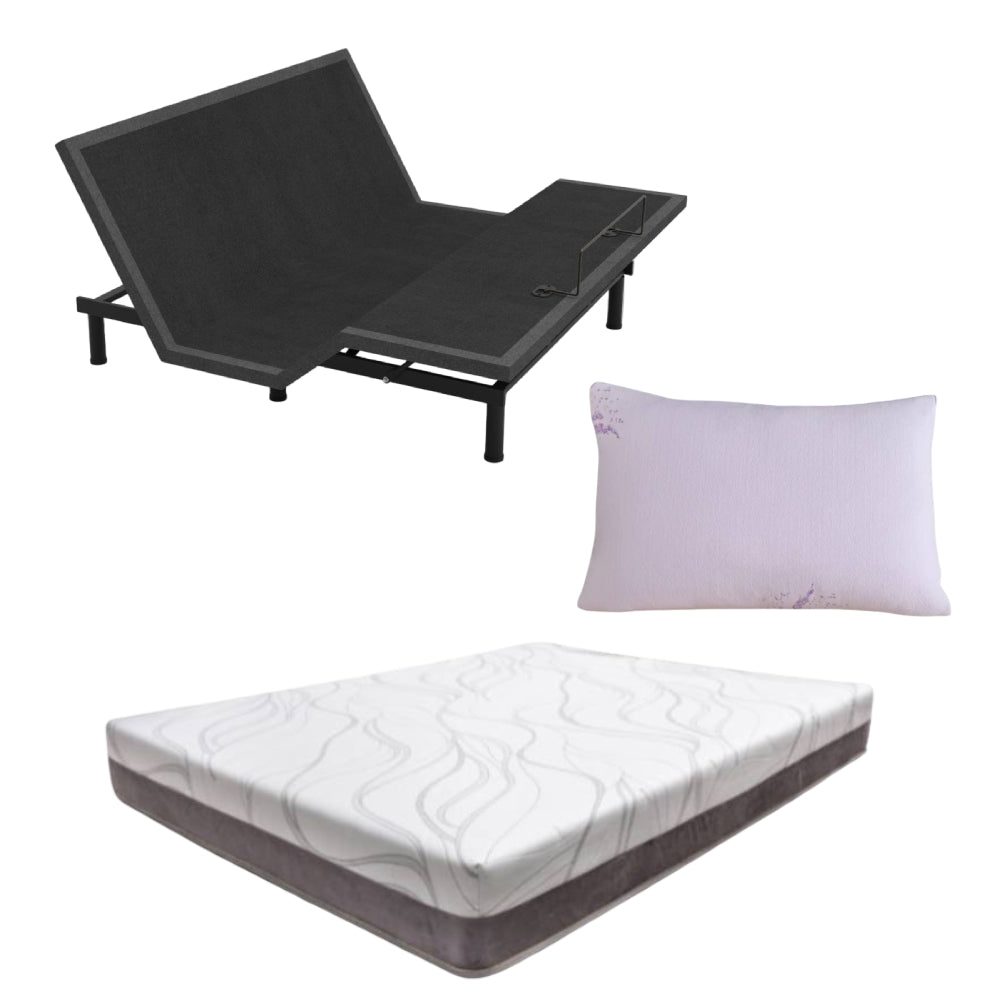 Bundle: Aquarius Wireless Adjustable Bed Base + SilverRest Luna Waterfall Mattress + Kashi Home Queen Memory Foam Lavender Infused Pillow