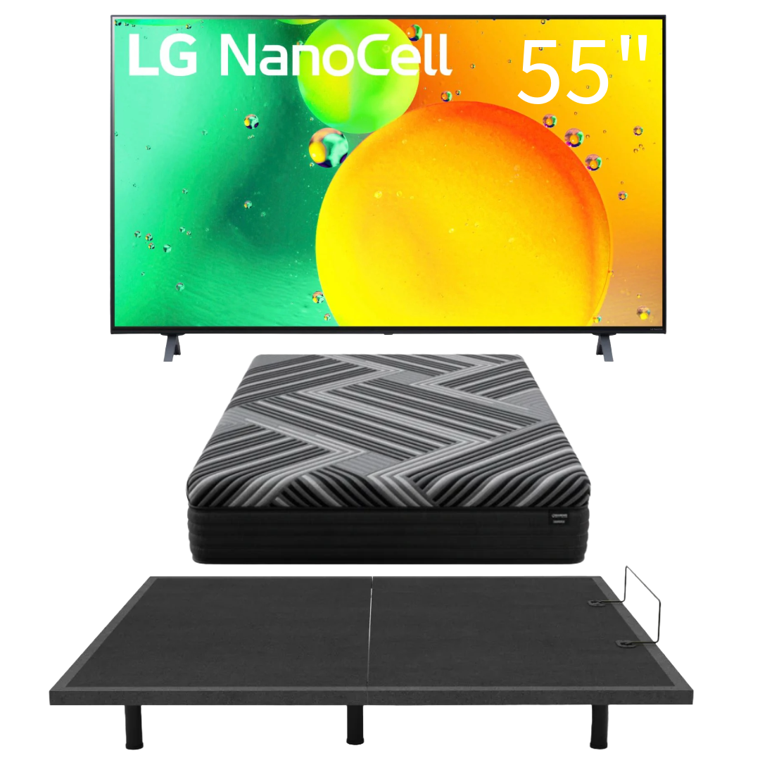 Bundle: Aquarius Wireless Adjustable Queen Base + Diamond Mattress Shadow 12" Hybrid Cooling Firm Queen Mattress + LG 55" NanoCell LED 4K UHD Smart TV