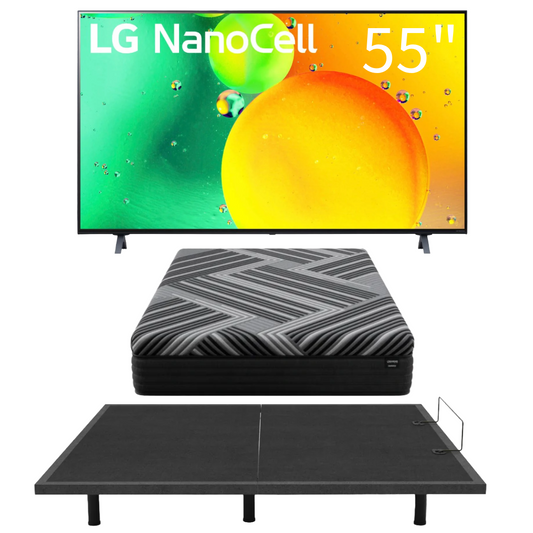 Bundle: Aquarius Wireless Adjustable Queen Base + Diamond Mattress Shadow 12" Hybrid Cooling Firm Queen Mattress + LG 55" NanoCell LED 4K UHD Smart TV