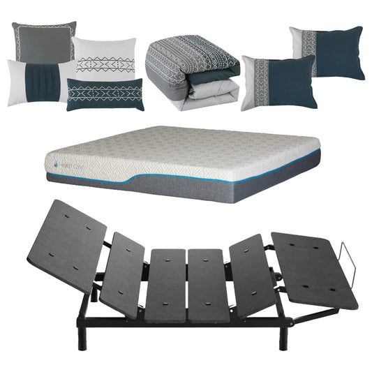 Paquete: cama ajustable COSMO Sydney Queen + colchón Comfort Bedding Aspen Memory Cooling Queen + juego de edredón ESCA Massah Queen Size (7 piezas)