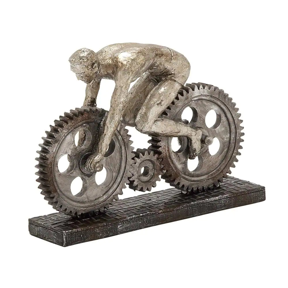 UMA Enterprises Industrial 8" Polystone People Sculpture with Bike - Silver