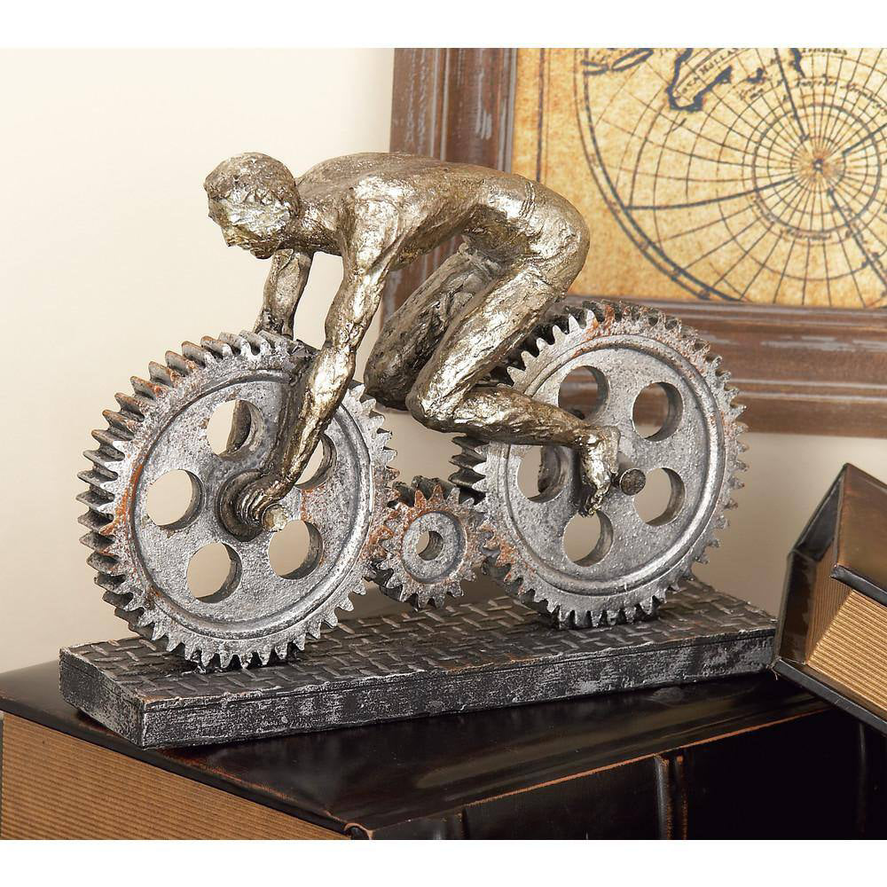 UMA Enterprises Industrial 8" Polystone People Sculpture with Bike - Silver