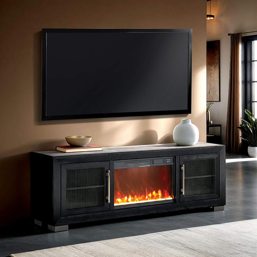 Ashbourne 72" TV Stand with Fireplace Media Console by Furniture of America - Black