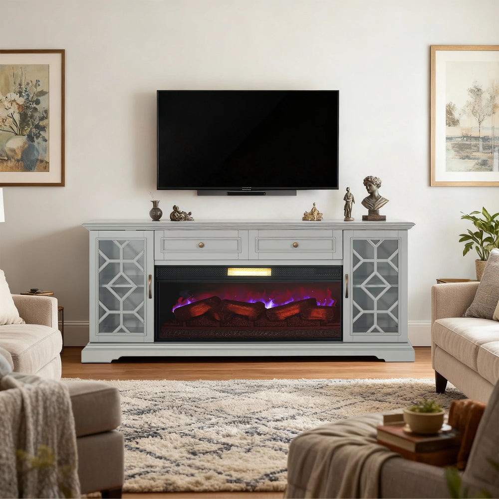 74" Freestanding TV Stand with Electric Fireplace Media Console by Vanub - Gray