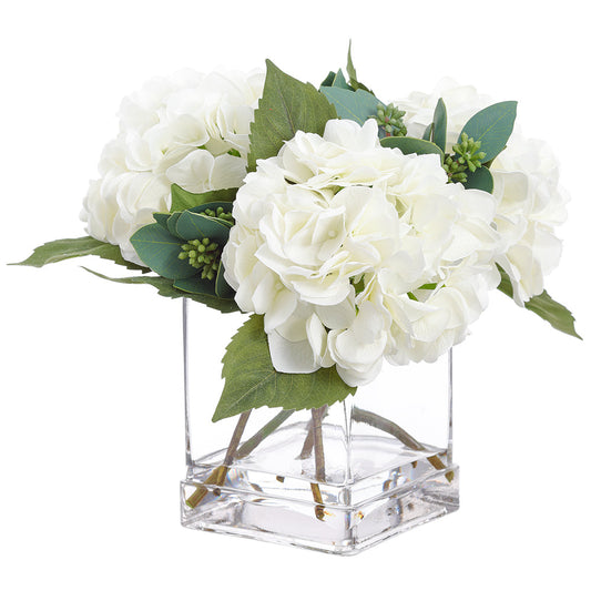 Allstate Floral 10" Hydrangea Flower Arrangement with Glass Vase - White