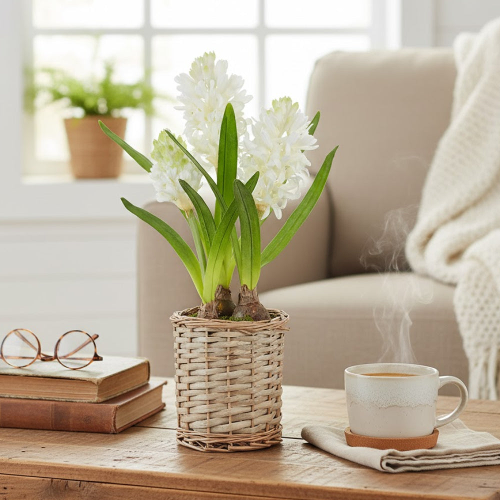 Allstate Floral 17.5" Hyacinth Bulb Flower Arrangement with Basket - White