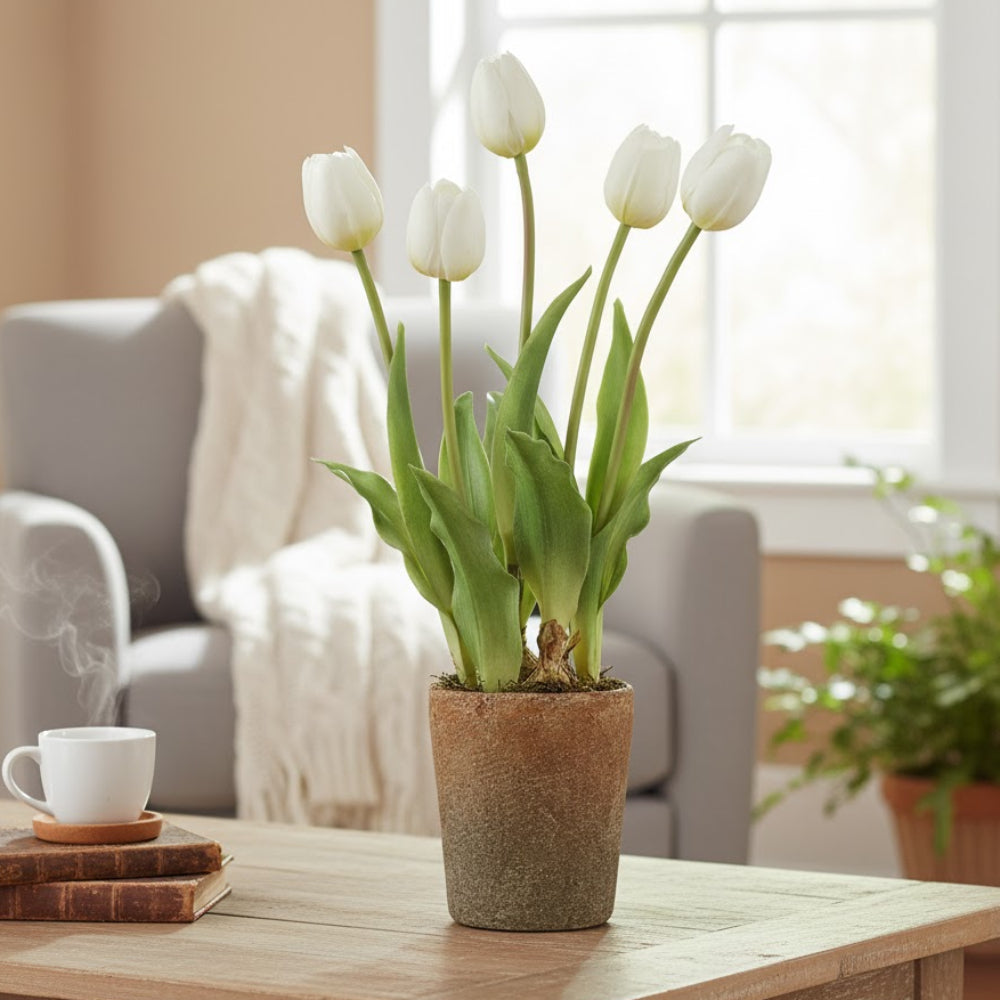 Allstate Floral 15.5" Tulip and Bulb Flower Arrangement with Cement Pot - White