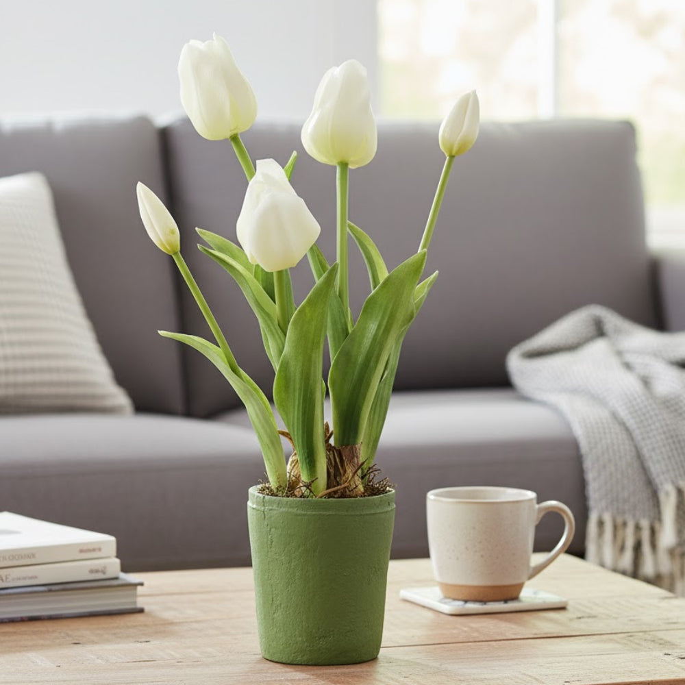 Allstate Floral 15.5" Artificial Tulip Flower Arrangement with Magnesium Oxide Vase - White