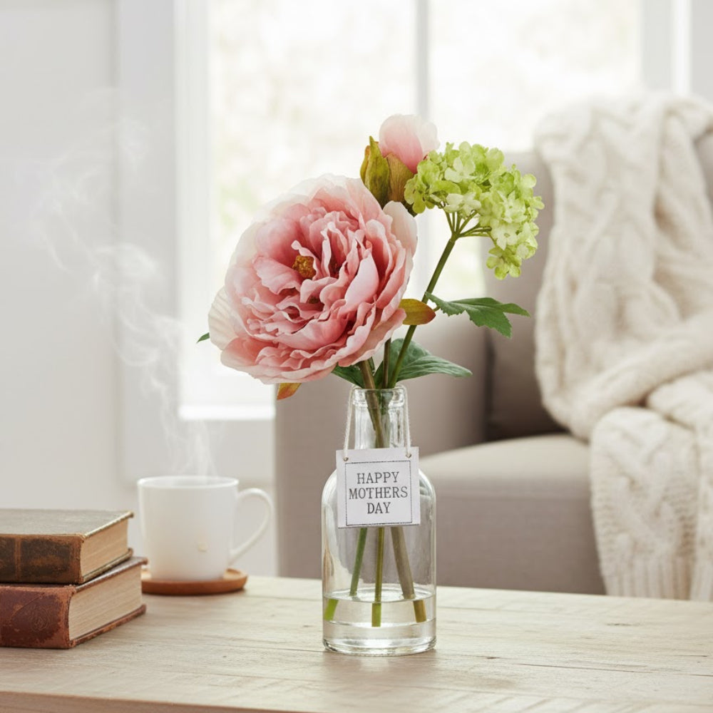 Allstate Floral 11.5" Peony and Snowball Flower Arrangement with Glass Vase - Pink/Green