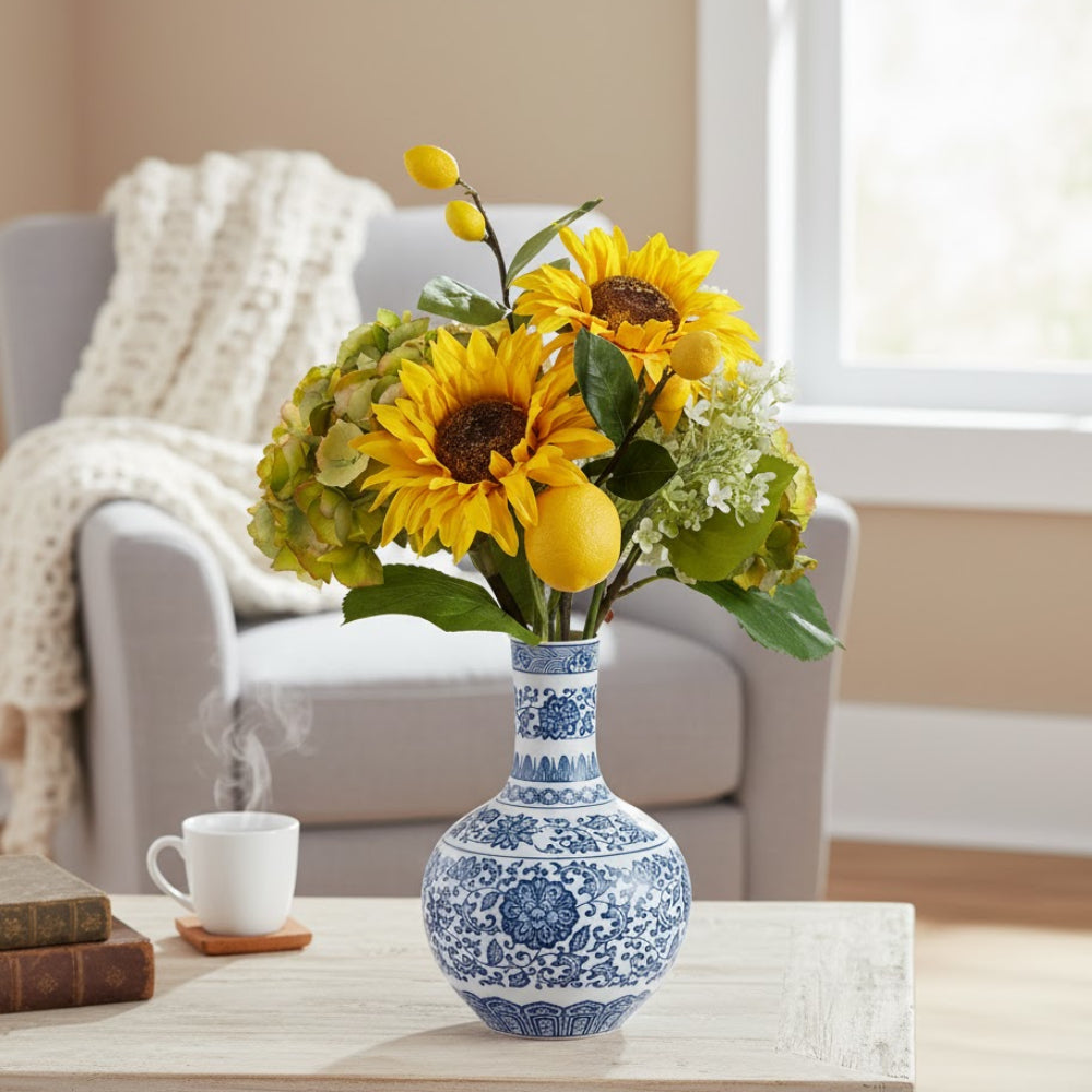 Allstate Floral 22" Sunflower, Hydrangea and Lemon Flower Arrangement with Ceramic Vase - Yellow