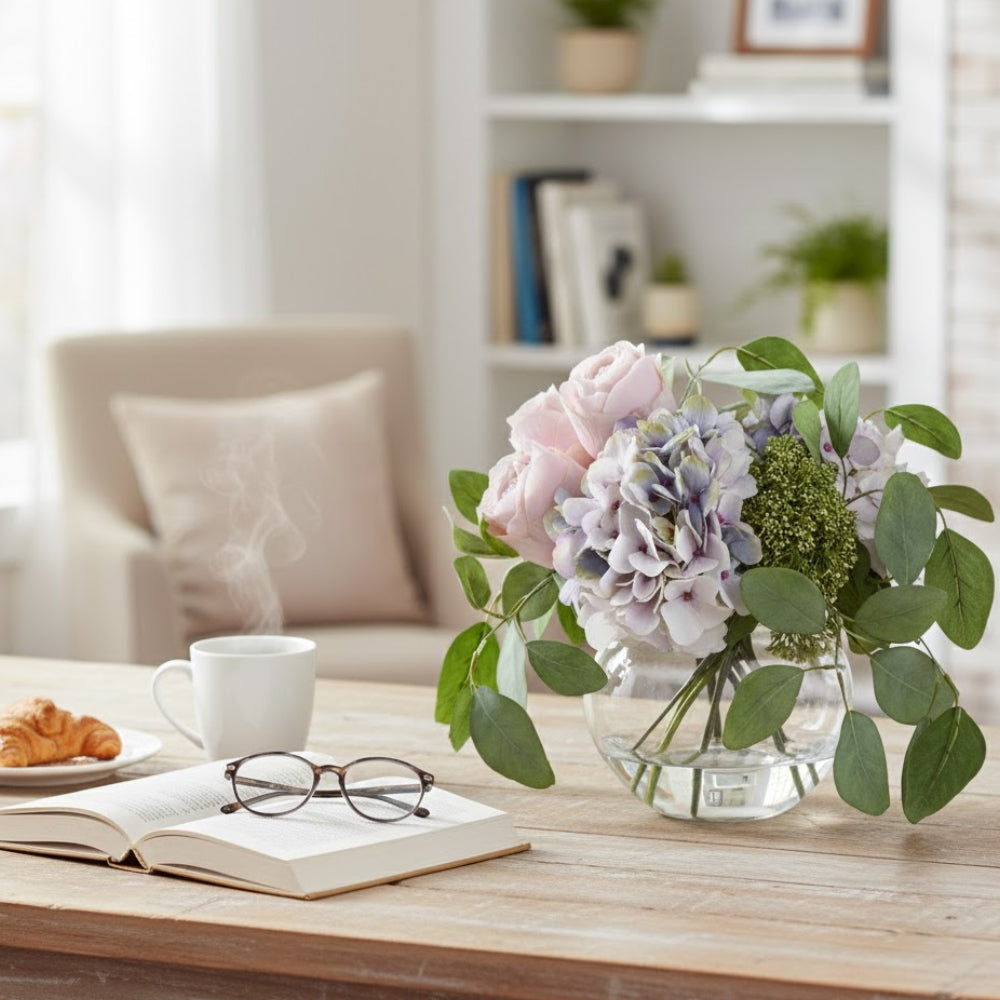 Allstate Floral 13.5" Rose, Hydrangea and Sedum Silk Flower Arrangement with Glass Vase