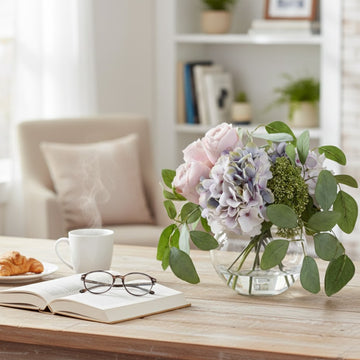 Allstate Floral 13.5" Rose, Hydrangea and Sedum Silk Flower Arrangement with Glass Vase