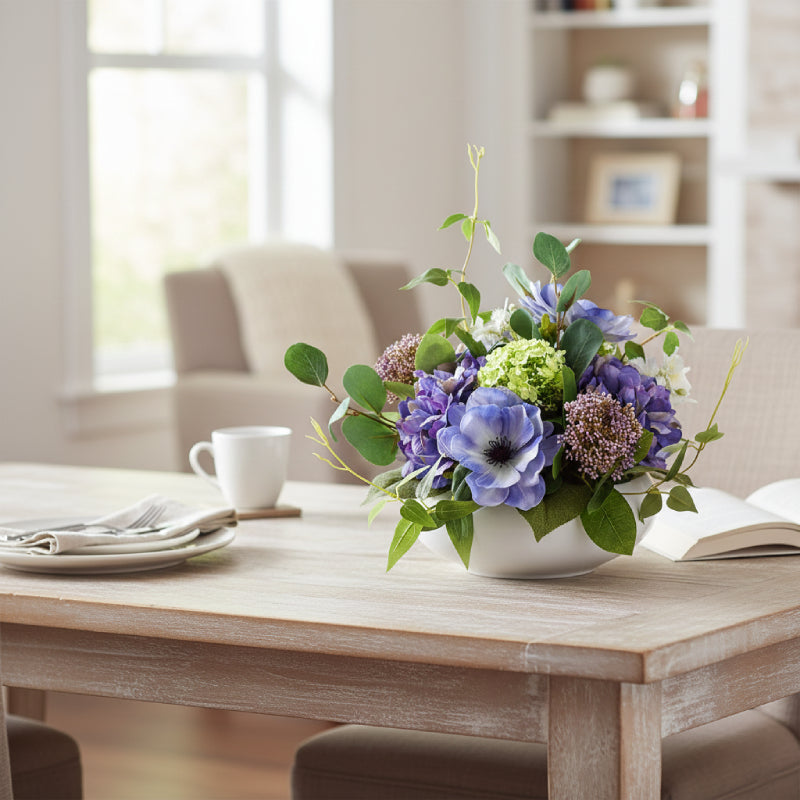 Allstate Floral 10" Hydrangea, Anemone and Snowball Flower Arrangement with Ceramic Vase - Purple/Green