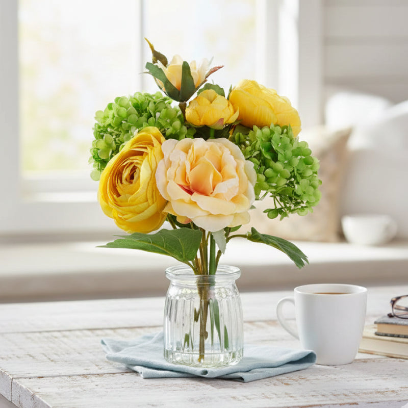 Allstate Floral 9" Rose and Ranunculus Flower Arrangement with Glass Vase - Yellow