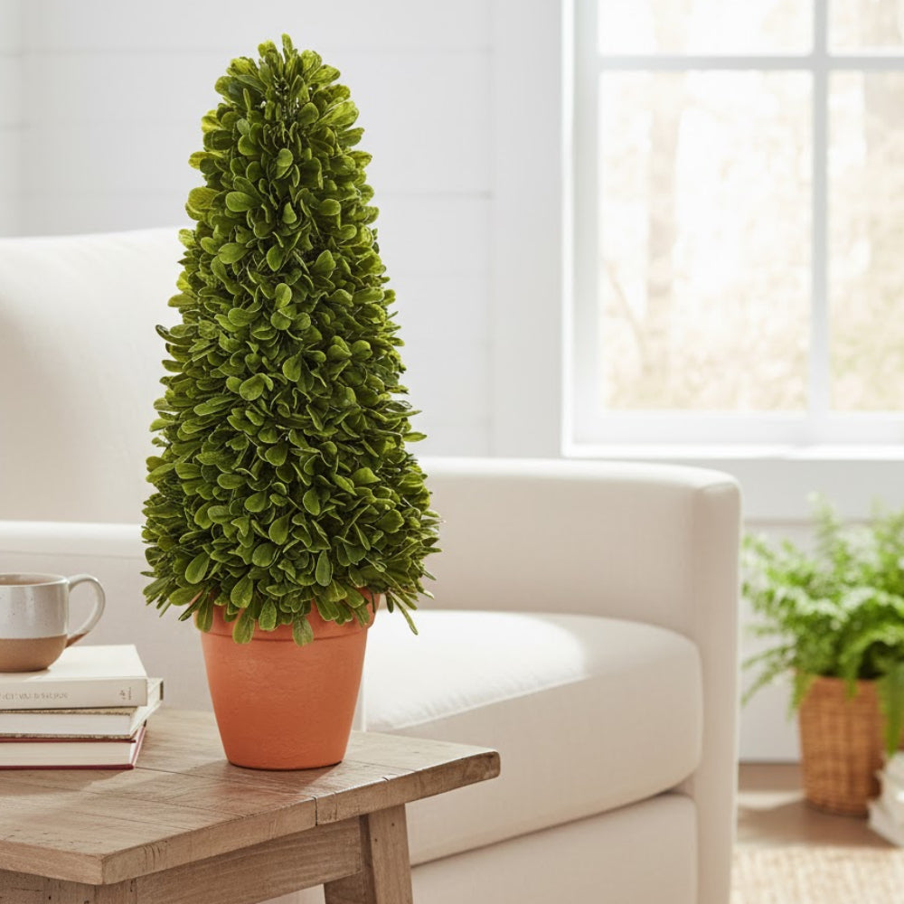 Allstate Floral Boxwood Cone-Shaped Artificial Topiary Plant with Cement Vase - Green