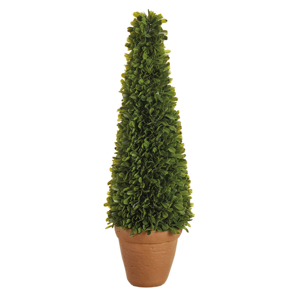 Allstate Floral Boxwood Cone-Shaped Artificial Topiary Plant with Cement Vase - Green
