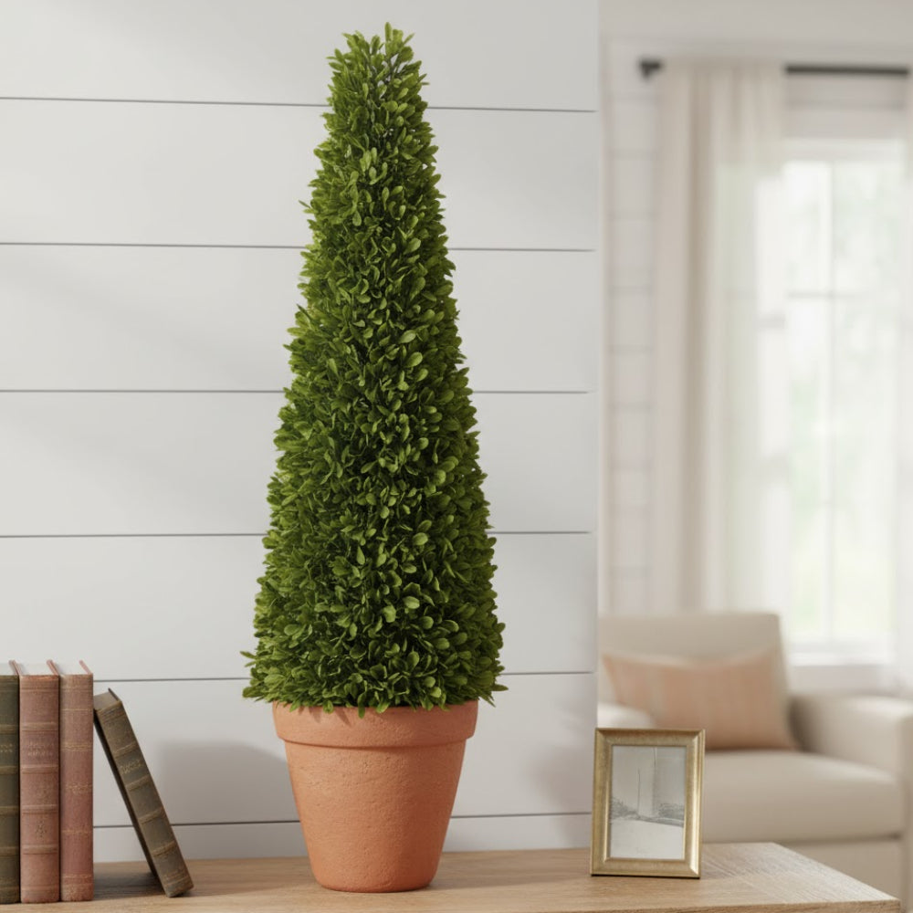 Allstate Floral Boxwood Cone-Shaped Artificial Topiary Plant with Cement Vase - Green