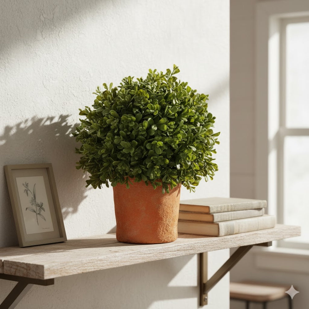 Allstate Floral 12" Boxwood Ball-Shaped Artificial Topiary Tree with Clay Vase - Green