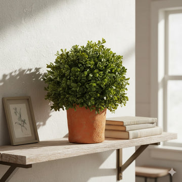 Allstate Floral 12" Boxwood Ball-Shaped Artificial Topiary Tree with Clay Vase - Green