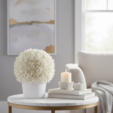 Allstate Floral 13" Boxwood Ball-Shaped Artificial Topiary Tree with Clay Vase - White