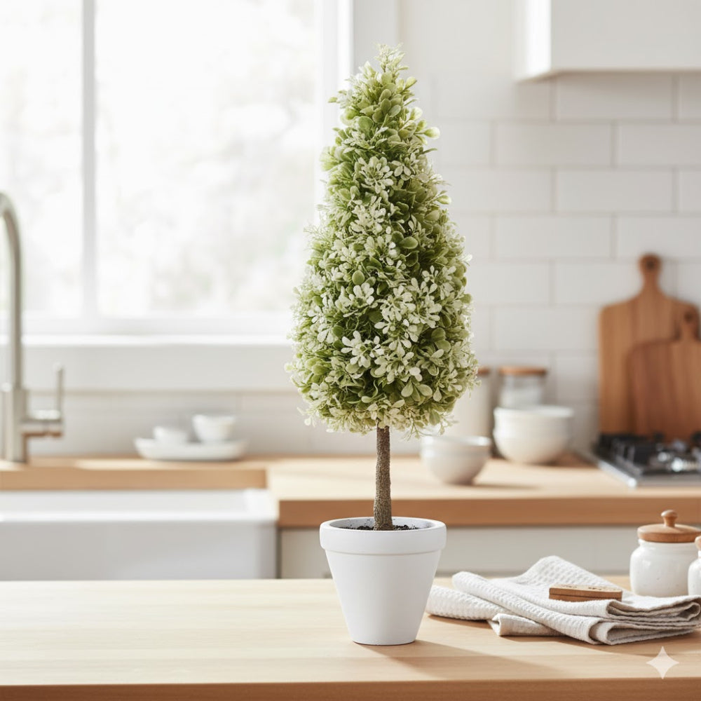 Allstate Floral 22" Boxwood Cone-Shaped Artificial Topiary Tree with Clay Vase - Green