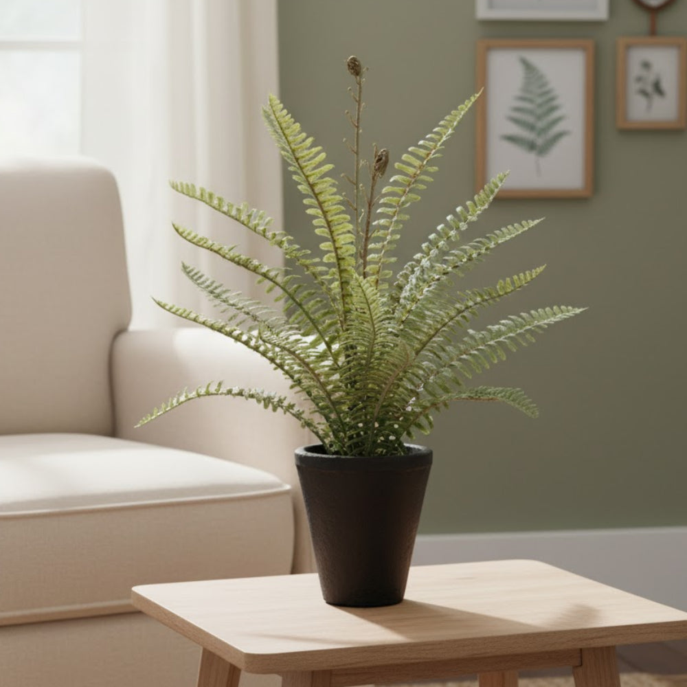Allstate Floral 14" Soft-Touch Woodland Fern Leaf Artificial Plant with Cement Vase - Green/Gray