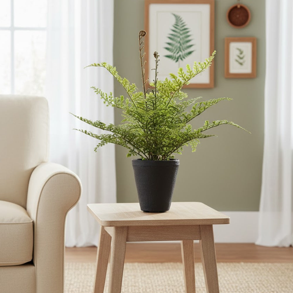 Allstate Floral 14" Soft-Touch Fern Leaf Artificial Plant with Cement Vase - Green