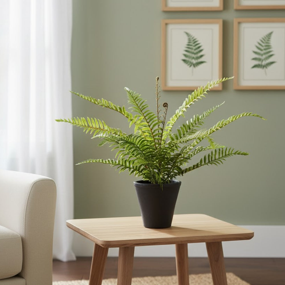 Allstate Floral 16" Soft-Touch Boston Fern Leaf Artificial Plant with Cement Vase - Green