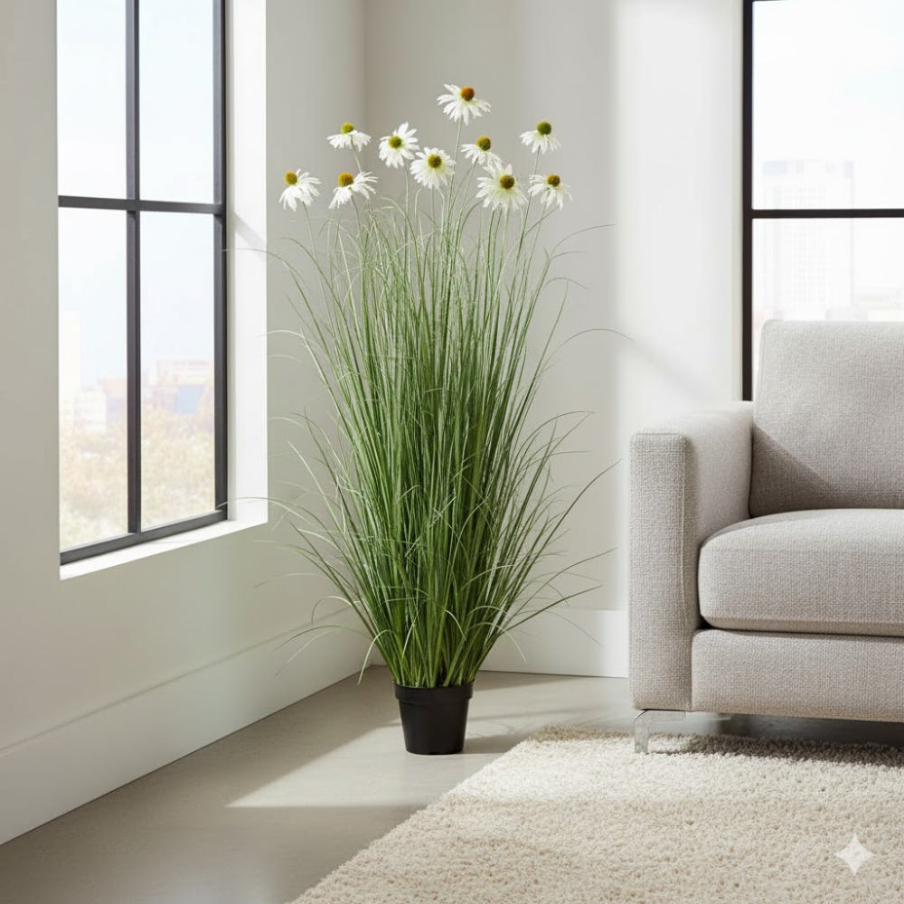 Allstate Floral 59" Black-Eyed Susan Flowering Grass Artificial Plant with Plastic Vase - White