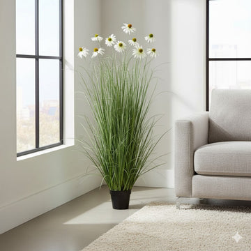 Allstate Floral 59" Black-Eyed Susan Flowering Grass Artificial Plant with Plastic Vase - White