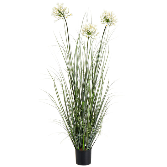 Allstate Floral 47" Agapanthus Flowering Grass Artificial Plant with Plastic Vase - Green/White